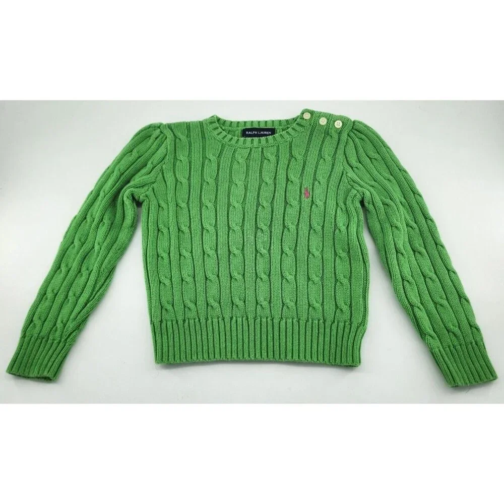 Ralph Lauren Kids Long Sleeve Cable Knit Pullover Sweater Green/Pink Pony 3/3T